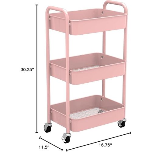 CAXXA 3-Tier Rolling Metal Storage Organizer - Mobile Utility Cart with Caster Wheels, Pink