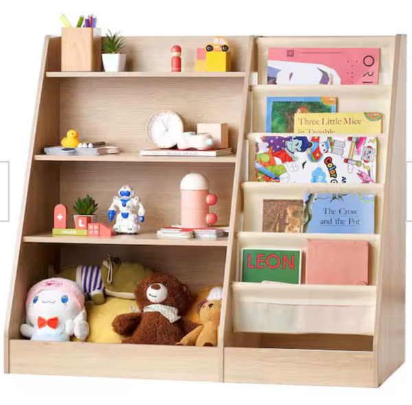 SKYSHALO 4-Tier Kids Wooden Bookshelf, Brown 6-Layer Sling Bookcase, Kid Storage Book Rack, Toy Organizer Cabinet, for Kids ETCWSJ914714WFZI1V0-SK0211