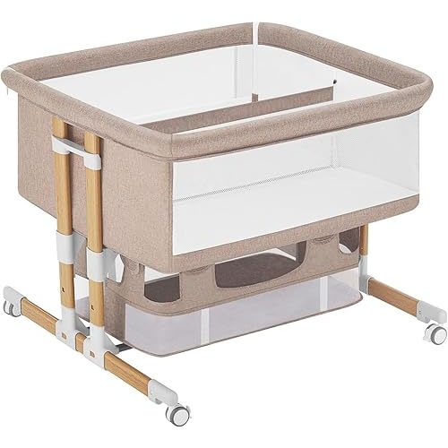 HARPPA 3 in 1 Baby Bassinet Bedside Sleeper, Five-Position Adjustable Bedside Crib with Storage for Newborns, Portable Bassinet with Anchor Strap (Wood Grain-Twins, Khaki)
