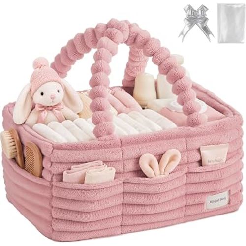 Blissful Diary Flannel Diaper Caddy Organizer with Gift Packaging, Portable Nursery Storage Basket, Gift for Baby Shower, Newborn Boys & Girls Essentials, Registry Search Must Haves, Blush Pink