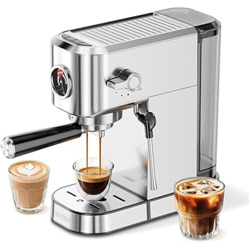 20Bar Espresso Machine, Compact Espresso Maker with Milk Frother, Stainless Steel Coffee Machine for Cappuccino&Latte, 42oz Water Tank, Visible Pressure Gauge, Home&Office, Silver