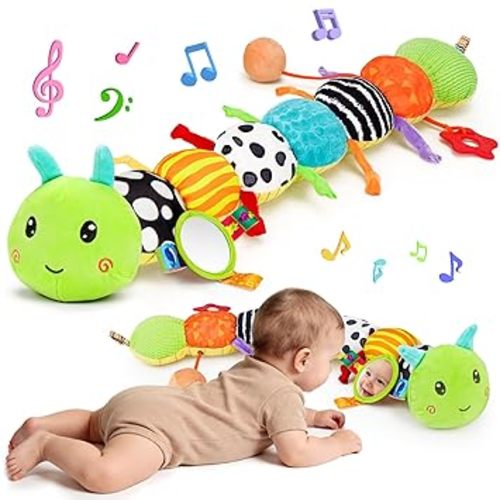 Baby Sensory Toys 0-6 Months Music Animal Stuffed Plush Caterpillar Toy for Infant 0-3-6-12 Month Old Tummy Time with Mirror Crinkle Rattle Toys for Newborn Boys Girls Shower Birthday Gifts