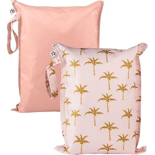 Tiny Twinkle Mess proof Waterproof Wet Dry Bag,2pk Reusable Wet Bags for Swimsuits&Baby Clothes,Leakproof Wet Bag,Waterproof Bag for Travel&Diaper bag,Wet Bags for Baby (Royal Palm)