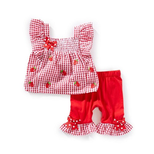 Rare Editions Baby Girls 3-24 Months Flutter-Sleeve Strawberry Schiffli Embroidered Checked Tunic Top & Solid Capri Leggings Set