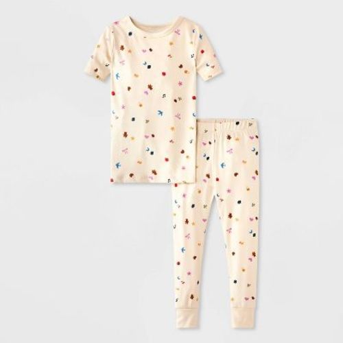 Toddler Girls' 2pc Charms Soft Jersey Tight Fit Pajama Set - Cat & Jack™ Cream 3T