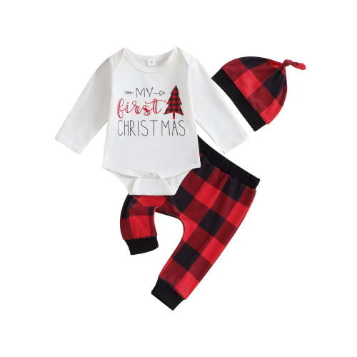 My First Christmas Outfits Baby Boy Girl 3 6 9 12 Months Long Sleeve Romper Onesie Pants Hat 3Pcs Fall Winter Clothes