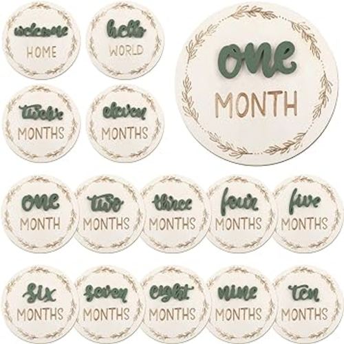 Baby Monthly Milestone Cards Sign, 3D Baby Milestone Signs Baby Growth Cards Double Sided Milestone Wooden Circles for Baby Boy Girls 1-12 Months Baby Milestone Pictures