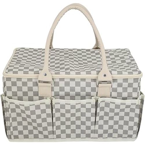 Diaper Caddy Organizer for Baby, Diaper Nursery Storage Organizer,Portable,Stylish,Space Saver, with Lid, Baby Shower Favorite, Picnic basket, Collapsible Car Trunk Organizer, Cream & Gray-checkered