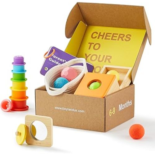 Tiny Land Montessori Toy Set for Babies 6-9 Months - 4-in-1 Wooden Learning Toys with Object Permanence Box, Sensory Ball & Treasure Basket, Stacking Cups and Mirror Puzzle