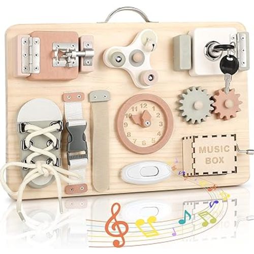 Joyreal Montessori Busy Board for Toddlers - Wooden Sensory Board Activity Board for Fine Motor Skills, Travel Baby Busy Board Sensory Toys for Kids