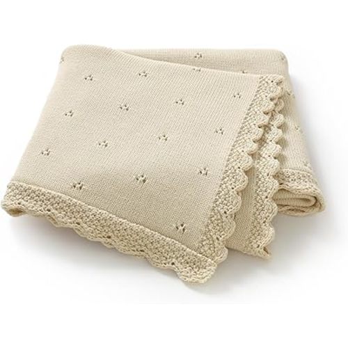 LAWKUL Organic Cotton Baby Blanket for Newborn Boys Girls, Knitted Crochet Receiving Blankets Crib Nursery Swaddle, 30x40 Inch (Beige)