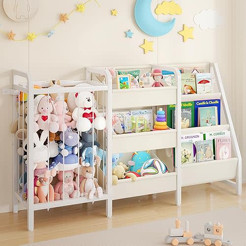 B2 Kids Bookshelf and Toy Storage, 3-Tier Book Shelf for Kids Rooms, Sling Toddler Book Shelves with Stuffed Animal Storage, Montessori Baby Bookcase for Nursery, Bedroom, Playroom, White