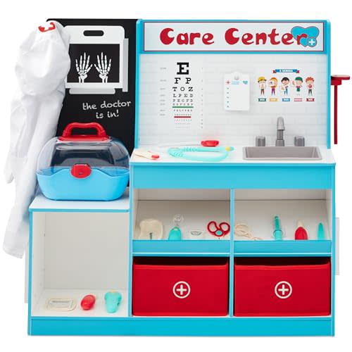 Best Choice Products Pretend Play Doctor's Office, Wooden Medical Center Toy Set for Kids w/ Carrying Case, All Accessories Included, Height Measurer, 2-Piece Costume - Blue
