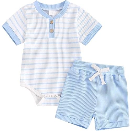 Newborn Baby Boy Girl Clothes Set Ribbed Short Sleeve Striped Romper Top Solid Color Shorts Sets 2Pcs Summer Outfits