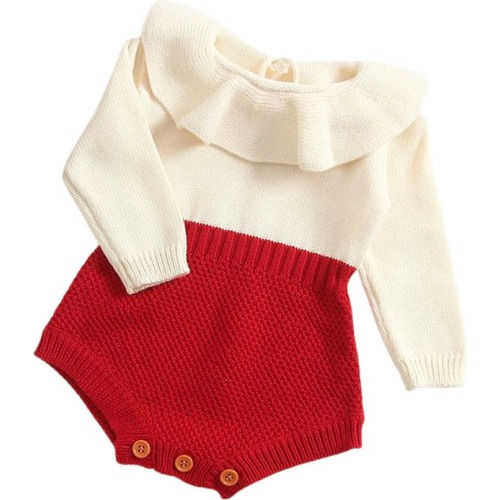 Baby Isabella Ruffle Collar Colorblock Knit Cotton Bodysuit, 0-3M, Red