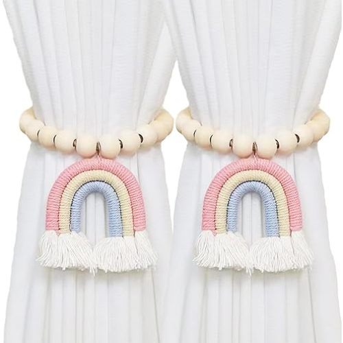 2pcs Wooden Boho Magnetic Rainbow Farmhouse Curtain Tiebacks for Home Wall Holiday Decoration (Pink)