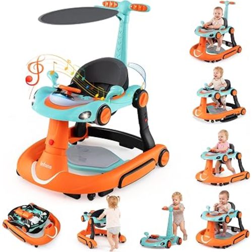 INFANS 9-in-1 Foldable Baby Walker with Handle, Sun Canopy, Orange