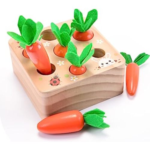 Montessori Toys for 1 Year Old, Carrots Harvest Wooden Baby Toys for 6-12 Months Educational Shape Sorting Matching Toys for Toddler Fine Motor Skill Development, Gift for Kids Birthday Easter Toys