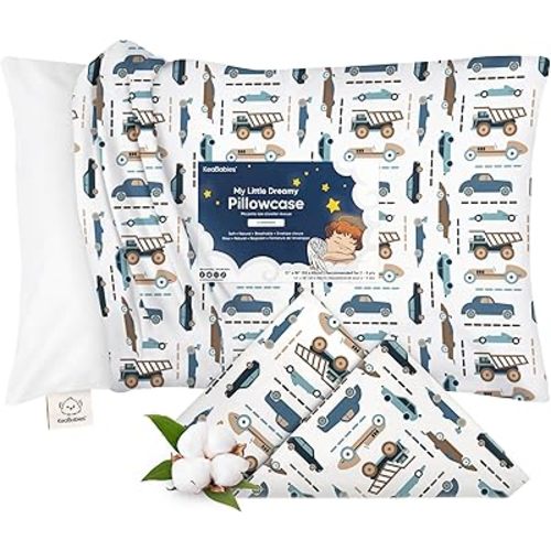 KeaBabies Toddler Pillowcase 13"x18" - Organic Cotton Toddler Pillowcase for Kids, Boys, Girls, Soft & Durable Cotton Cover for Miniature Sleepy Pillows, Cute Colors, Pillow Sold Separately (Vroom)