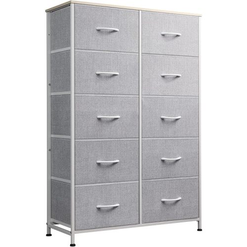 WLIVE Tall Dresser for Bedroom with 10 Drawers, Chest of Drawers, Dressers Bedroom Furniture, Grey Dresser with Fabric Bins for Closet, Hallway, Living Room, Entryway, Light Grey