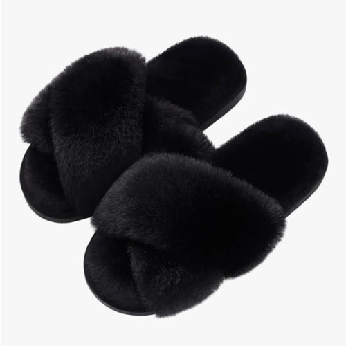 Evshine Women's Fuzzy Slippers Cross Band Memory Foam House Slippers Open Toe