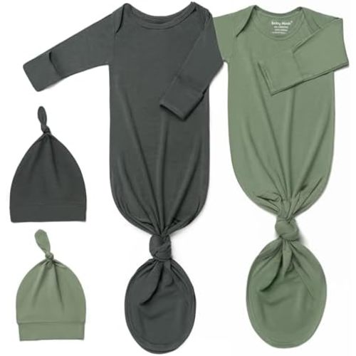 2Pack Knotted Gown Baby, Super Soft Long Sleeve Newborn Hospital Outfit Boy Girl Coming Home, Built-In Mittens Clothes