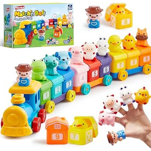 Learning Toy for Toddlers 1 2 3 Years Old, Counting, Matching & Sorting Montessori Learning Farm Train Including 9 Farm Animals and 1 Farmer, Christmas Birthday Gift for Baby Boys Girls