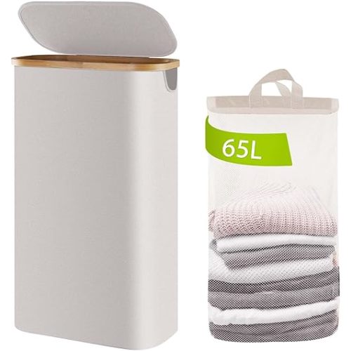 Slim Laundry Hamper with Lid 65L, Collapsible Clothes Hamper with Removable Bag & Bamboo Handles, Narrow for Small Space, Silver Grey