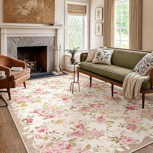 Lahome Washable Rug 6x9,Nursery Rug Girl Floral Rugs for Living Room 6x9, Vintage Girls Rugs for Bedroom Ultra-Thin Non Slip Carpet for Playroom Dining Room Dorm (6'X9',Beige)