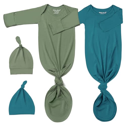 Noah Baby Super Soft Newborn Knotted Gown Set - Silky Infant Sleepwear with Long Sleeves, Includes Hat & Headband (2-Pack)