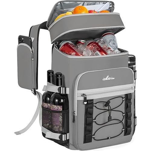 Cooler Backpack, 40 Cans Insulated Lunch Backpack Picnic Backpack for Men&Women, Durable Cooler Bag with 2 Leak Proof Compartments for Picnic, BBQ Camping, Lunch, Beach, Hiking, Gray