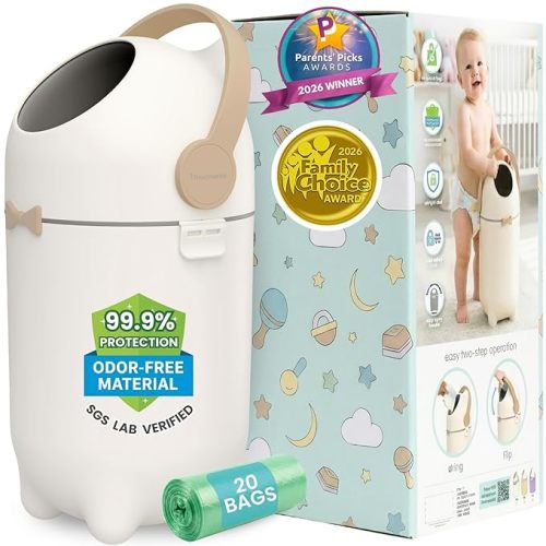 iTouchless Odor-Locking Diaper Pail - 2026 Award-Winning Ag+ Silver Ion Nursery Bin - Fits Any Bag, No Refills Needed - Includes 20 Leak-Proof Bags (Hold 300 Diapers) - Boho White Baby Registry Gift