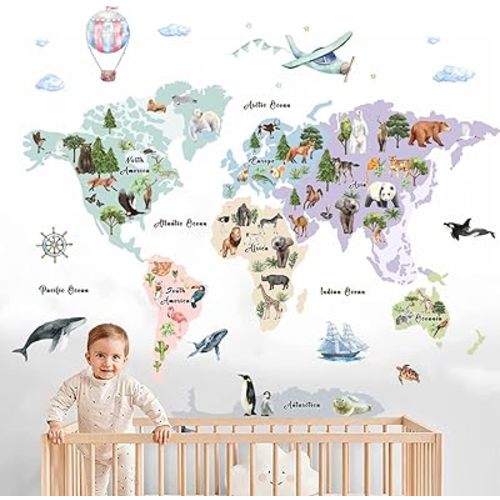 Animal World Map Wall Decals Peel and Stick for Kids, Animal World Map Wall Stickers, Vinyl Animal World Map Wall Stickers for Kids Room Nursery Bedroom