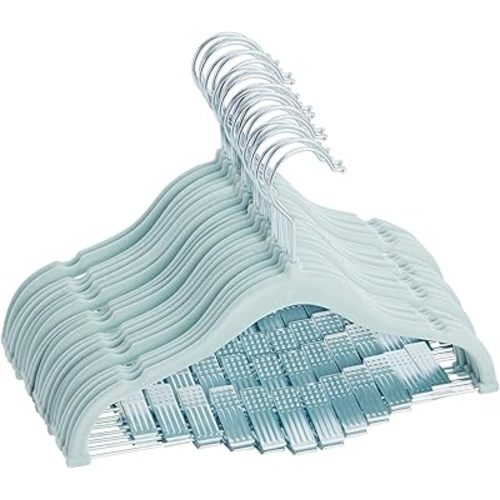 Juvale 24-Pack Light Blue Velvet Hangers with Movable Clips for Baby and Kids Clothes, Slip-Resistant, Space-Saving for Pants, Leggings, Skirts, Shorts, Jackets, 360 Degree Swivel Hook (12x8 in)