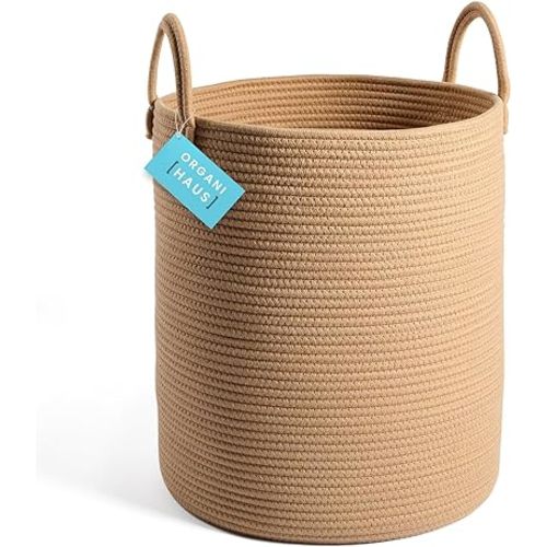 OrganiHaus Large Woven Baskets for Storage 15x18, Cotton Rope Baskets for Storage, Tall Blanket Basket for Living Room, Nursery Laundry Basket, Big Basket for Toys, Basket For Blankets, Honey