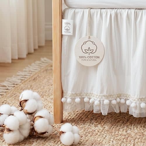 Baby Crib Skirt 100% Cotton with Pompoms Pleated Dust Ruffle for Unisex Baby Boys or Girls Soft Breathable Nursery Crib Toddler Standard Bedding Skirt 28" x 52" with 14" Drop (White)