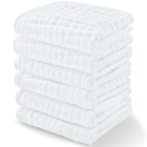 Comfy Cubs Muslin Baby Washcloths 6 Pack - Soft 6-Layer Cotton Wash Cloths for Sensitive Skin - 10"x10" Large, Gentle, Absorbent Infant Essentials for Newborn and Toddlers - White