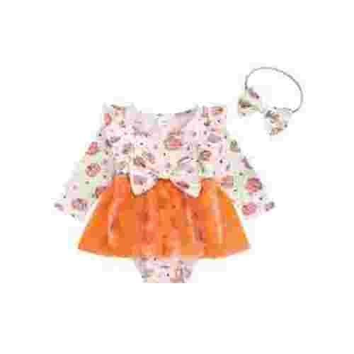 Suealasg Baby Girls Halloween Romper Dress 3 6 12 18 Months Infant Girls Long Sleeve Pumpkin Print Romper Dress Headband 2pcs Fall Clothes
