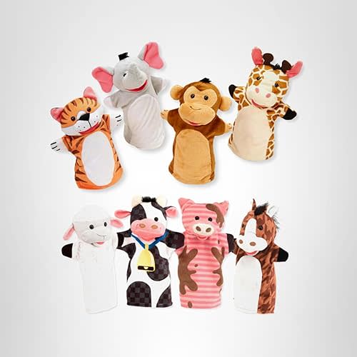 Melissa & Doug Animal Hand Puppets (Set of 2, 4 Animals in Each) - Zoo Friends and Farm Friends