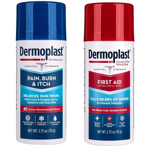 Dermoplast First Aid Spray for Minor Cuts, Scrapes and Burns, 2.75 Oz and Dermoplast Pain, Burn & Itch Relief Spray for Minor Cuts, Burns and Bug Bites, 2.75 Oz (Packaging May Vary)