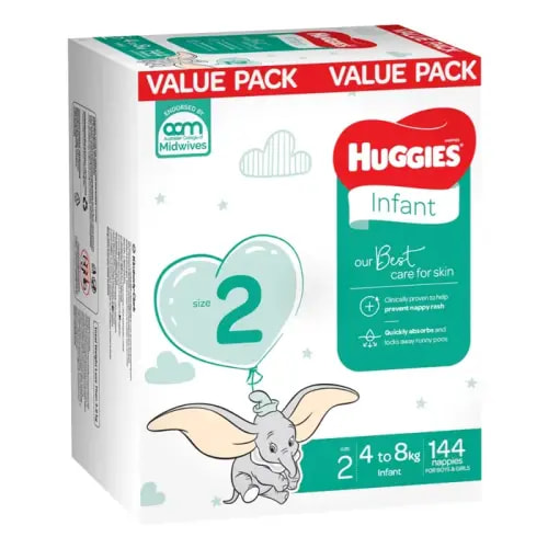 Huggies Nappies Mega Infant Size2 - 144 Pack | Baby Bunting AU