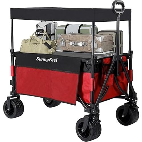 SUNNYFEEL 3 in 1 Wagon with Canopy 220lbs,230L Wagon Cart Foldable with 7'' All-Terrain PVC Wheel & Rear Hanging Shelf,Red