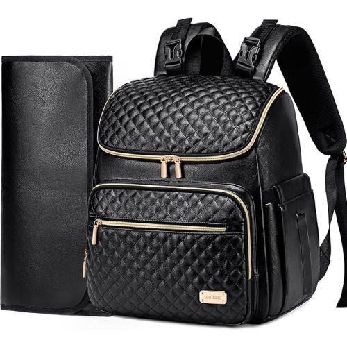 Weitars Diaper Bag Backpack Leather Baby Diaper Bag with Changing Pad Travel Diaper Backpack,Baby Bag for Mom,Stroller Straps,5 Insulated Pockets (Black Leather)