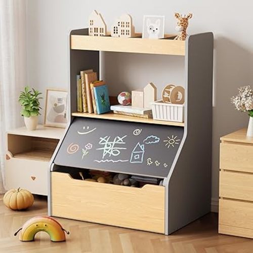 XJD Toy Storage Box, Kids Toy Storage Bin with Chalkboard Lid, Toy Box with Bookshelf, Easel & Toy Organizer in One, For Toddlers 2+ Years Old (Grey)