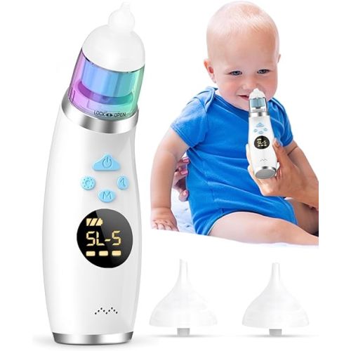 Electric Nasal Aspirator for Baby, Baby Nose Sucker with 5 Levels Suction, Automatic Nose Cleaner with 3 Silicone Tips, Nose Aspirator with Music Soothing Function & Light