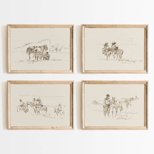 Cowboy Sketch Print Set Vintage Western Posters Southwestern Decor Neutral Minimalist Wall Art Vintage Horse Art
