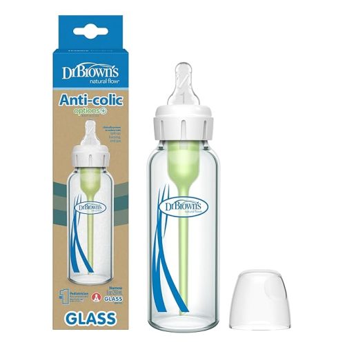 Dr. Brown's Natural Flow Anti-Colic Options+ Narrow Glass Baby Bottle, 8 oz/250 mL, with Level 1 Slow Flow Nipple, 1 Pack, 0m+