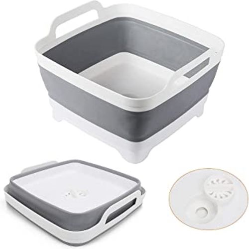 Collapsible Dish Basin 9L(2.4Gallon) with Draining Plug Foldable Food Strainers Over The Sink Colander Fruits Drainer Basket Vegetable Space Saving Kitchen Storage Basket (Grey)