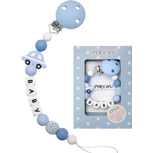 Personalized Pacifier Clip with Name for Baby, Customized Pacifier Clip Fits All Pacifiers,Car (Blue)