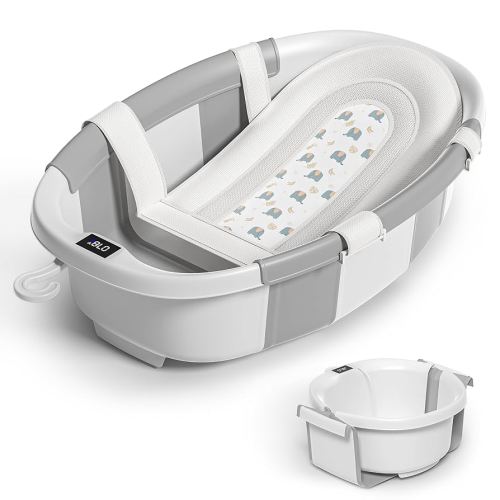 Collapsible Baby Bathtub for Newborn to Toddler 0-36 Months,Extra Large Foldable Infant Bath Tub with Thermometer,Cushion & Drain Hole,Portable Travel Tub, Baby Shower Gift Grey